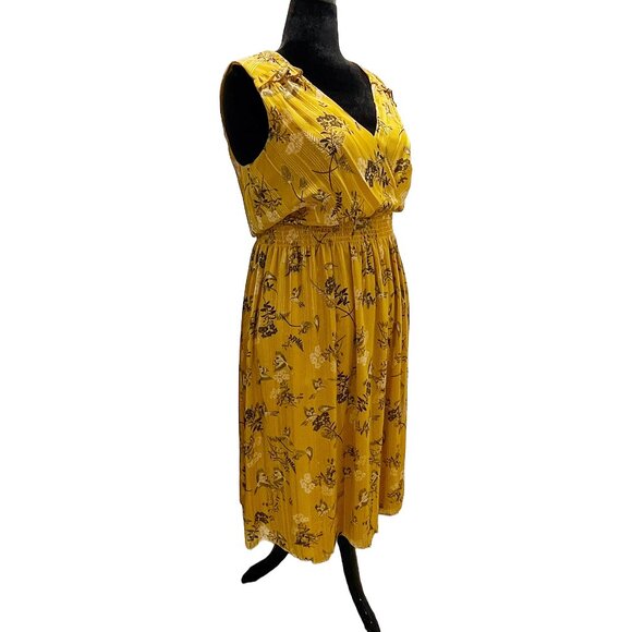 Maggy London Faux Wrap Midi Dress — Yellow Gold Bird Floral Print — Size 14 - Picture 3 of 9